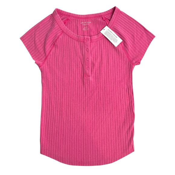 American Eagle Ribbed Henley Tee Size L Pink Short Sleeve Stretch T-Shirt - Picture 1 of 5
